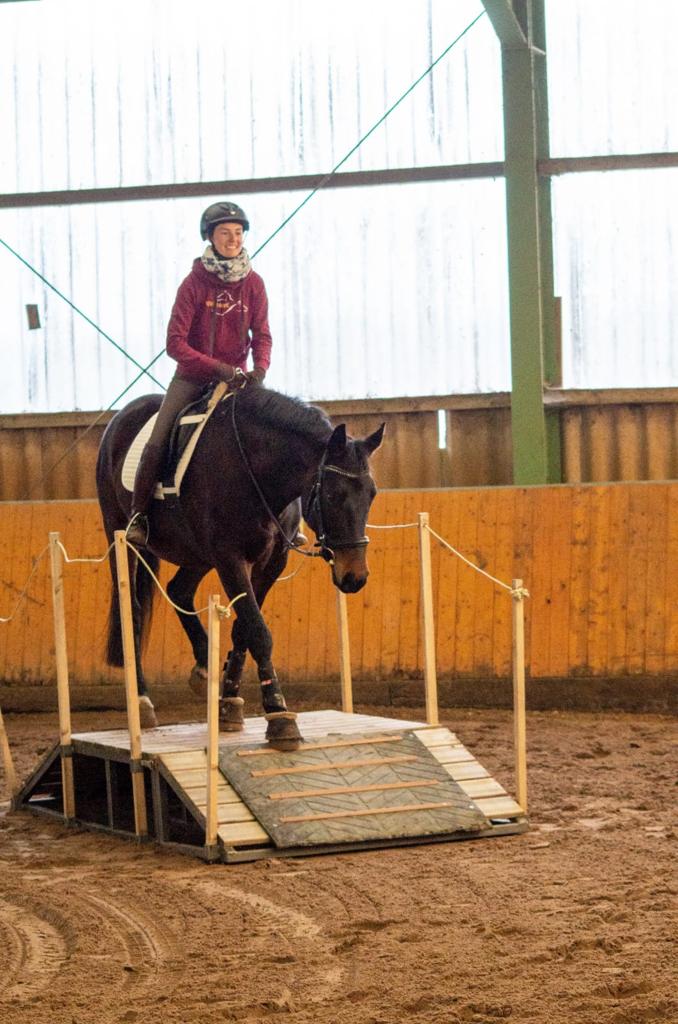 Eine Frau reitet über eine Brücke.